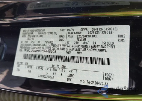 2024 Ford Escape St-Line из США, поврежденный, VIN 1FMCU9MN6RUA68008